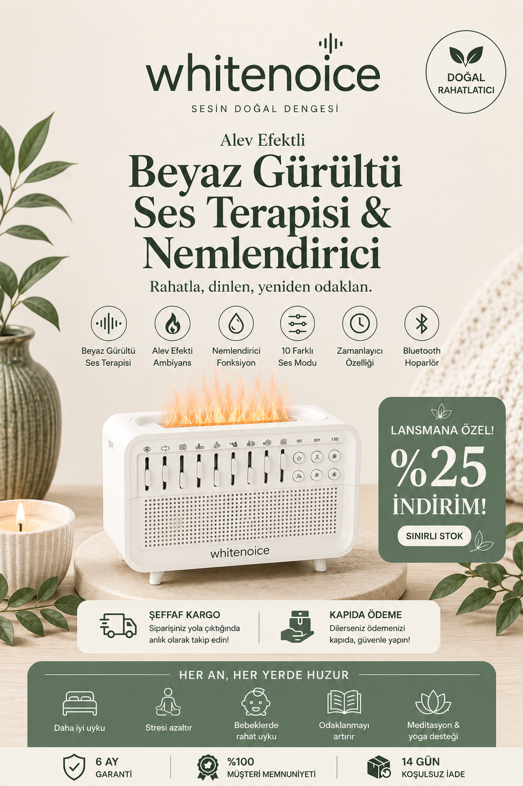 Whitenoice | Alev Efektli Beyaz Gürültü Nemlendirici Hoparlör