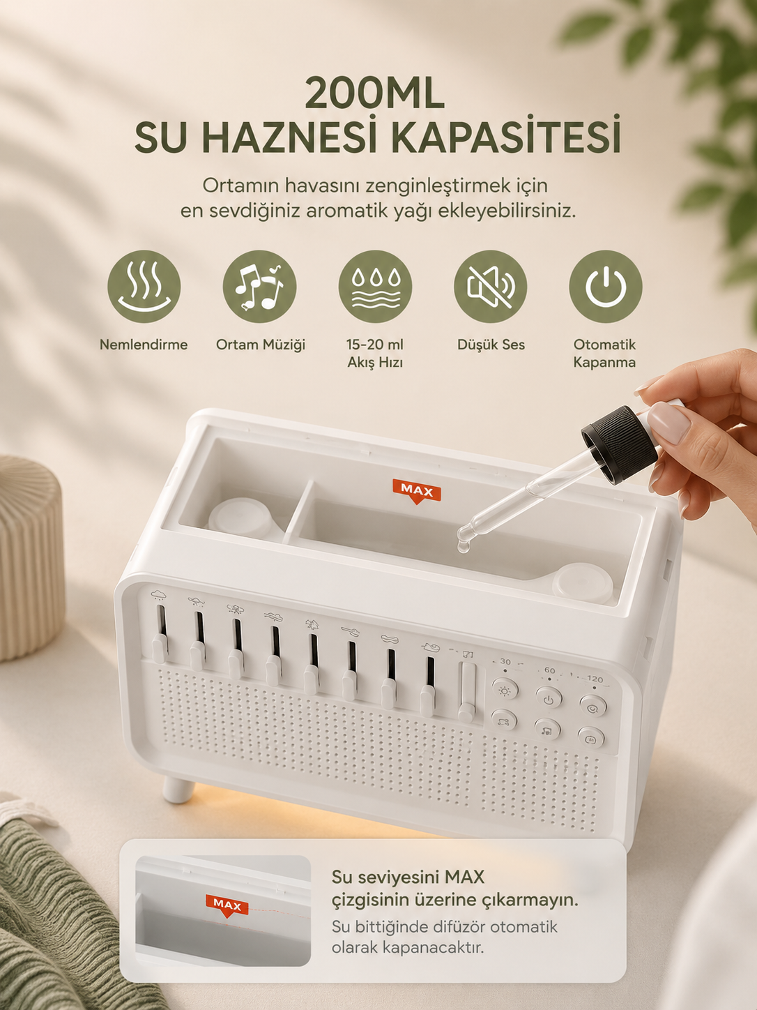 Whitenoice | Alev Efektli Beyaz Gürültü Nemlendirici Hoparlör